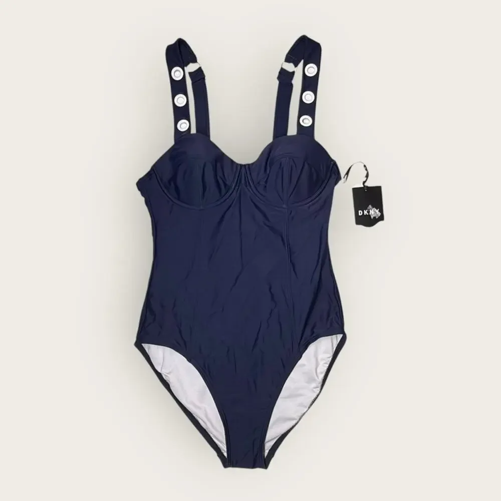 NWTWD | DKNY | Button Strap One-Piece Swimsuit | Navy | Size 8 - Picture 2 of 13